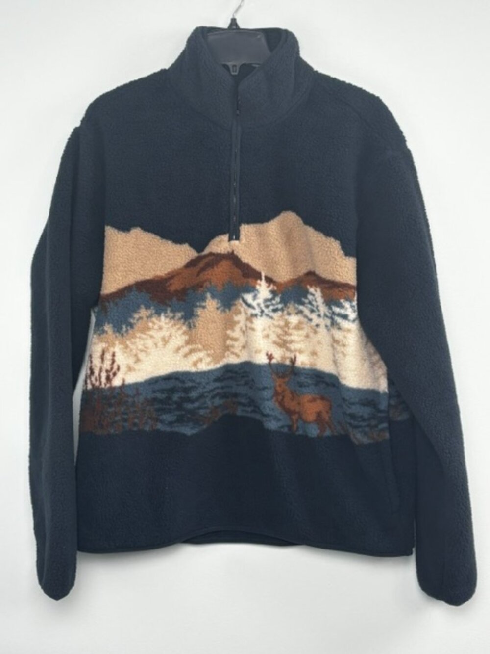 Old Navy Sherpa Fleece Mens 1/4 Zip Pullover Large Blue Mountain Deer Woodland